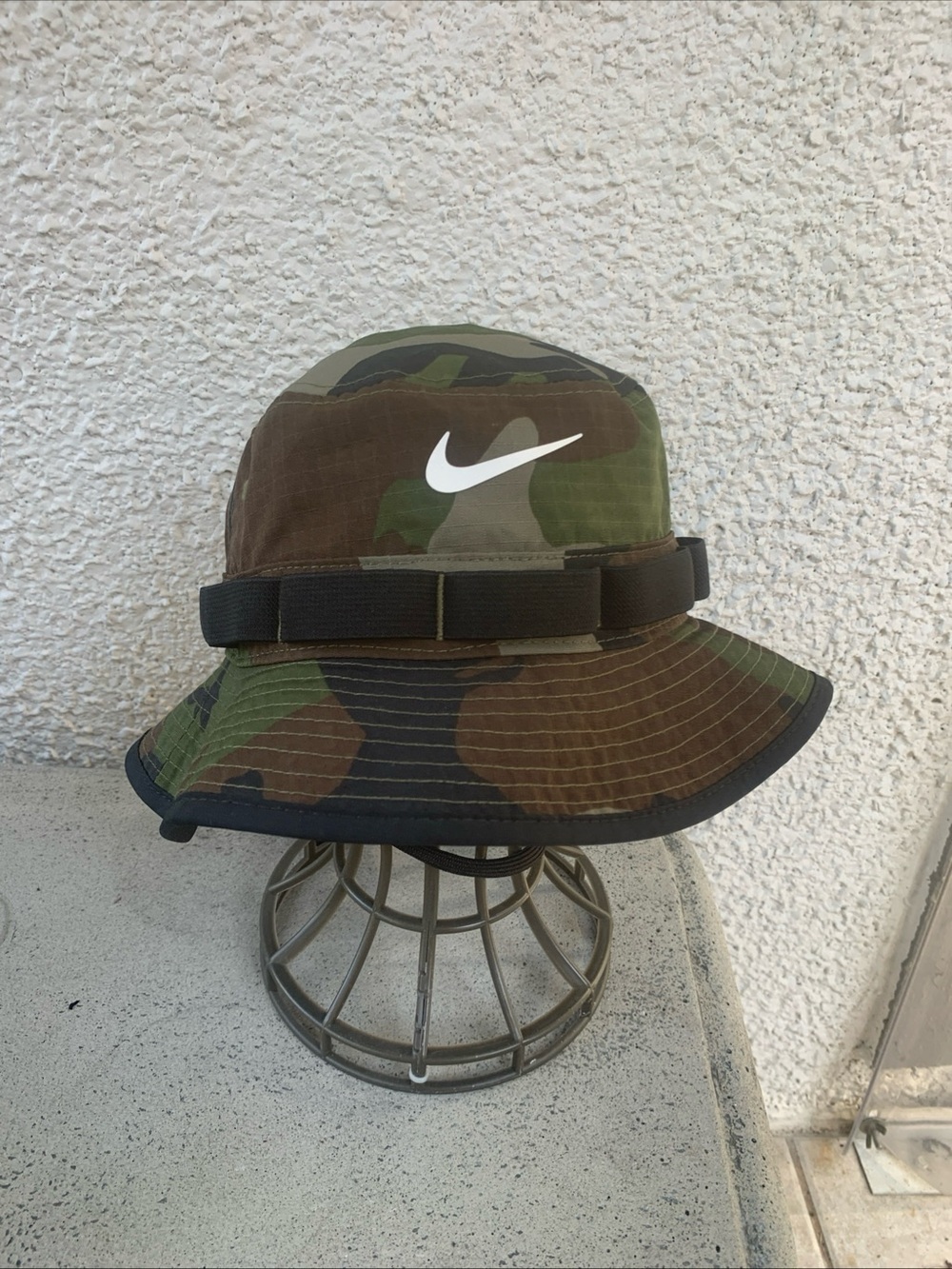 Nike Woodland Camo Bucket Hat with White Swoosh